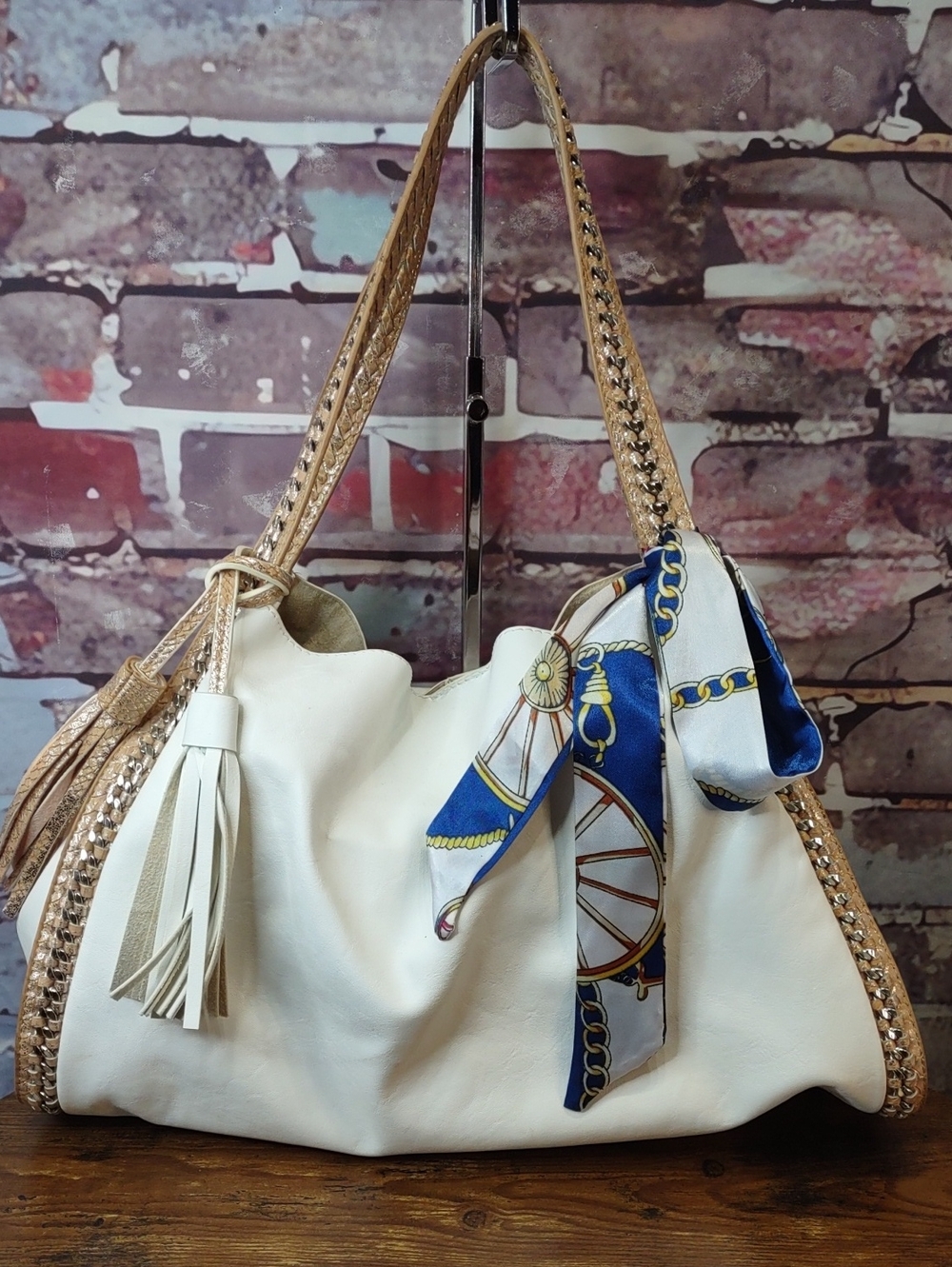 Cream and Gold Slouchy Shoulder Bag with Tassel